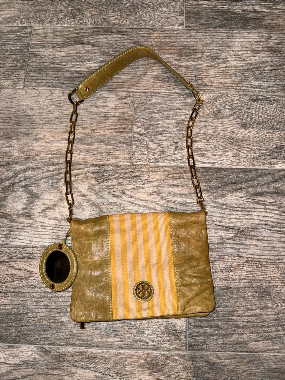 Tory Burch Yellow Striped Shoulder Bag with Gold Chain